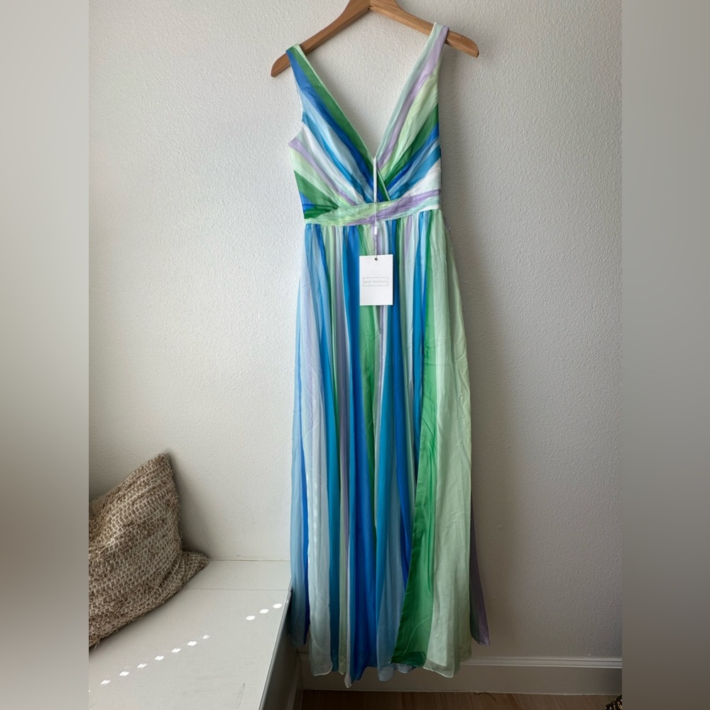 MAC DUGGAL | blue green multicolor stripe plunge maxi gown 4 - Picture 6 of 14
